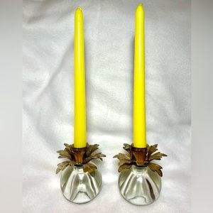 Vintage Brass Floral Heavy Glass Globe Candle Holders